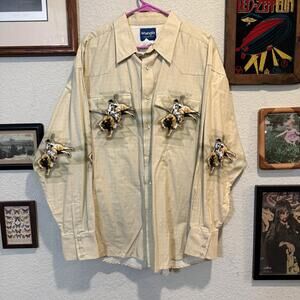 Vintage 90s Wrangler Pearl Snap Shirt Aztec Bull Rider Size XL Long Sleeve Tan